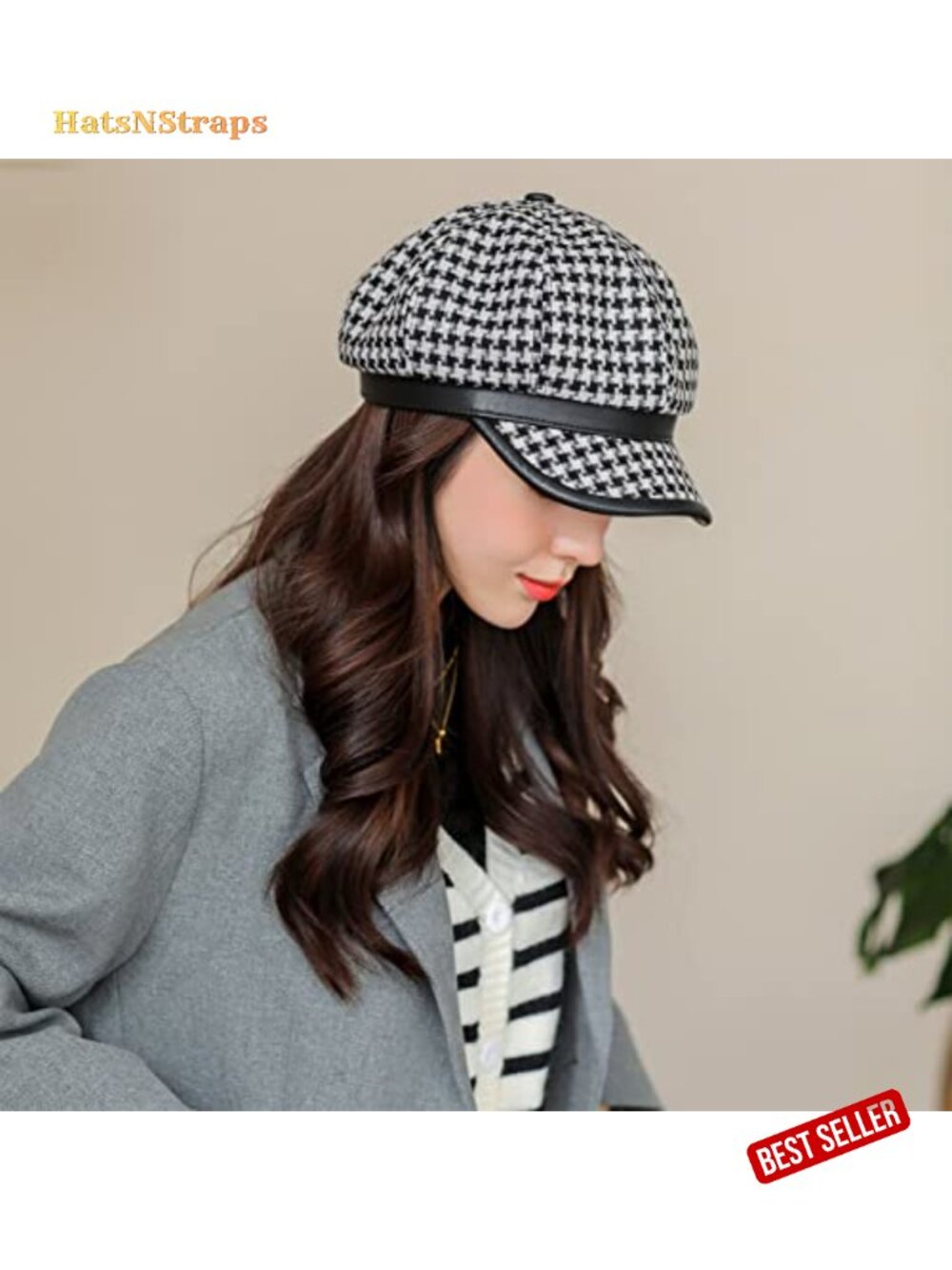 Women's Newsboy Cap French Vintage Houndstooth Hat Cabbie Baker Boy Adjustable - Picture 2 of 6